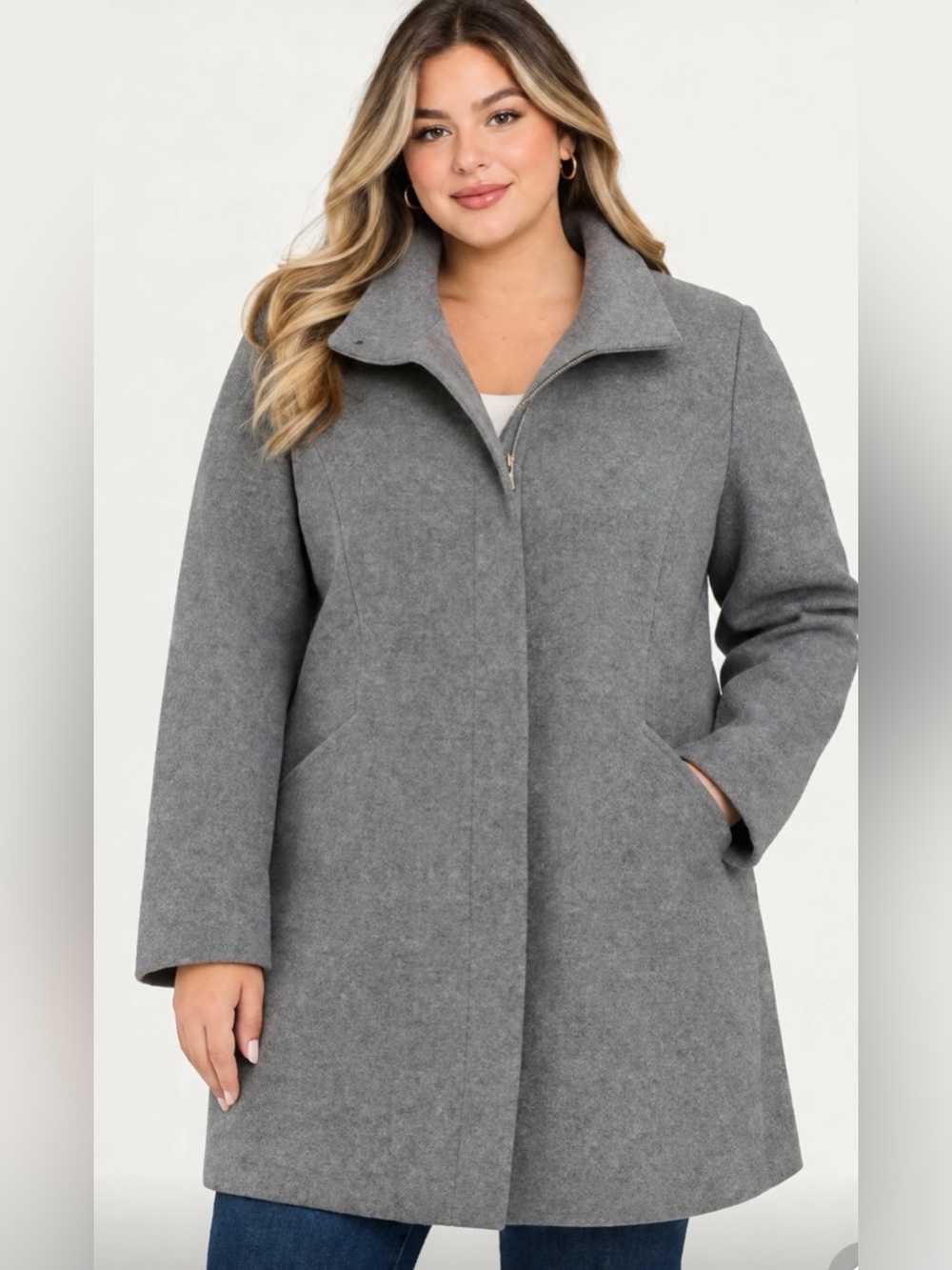 NWT Nine West  Women's Grey Pea Coat Front Zip